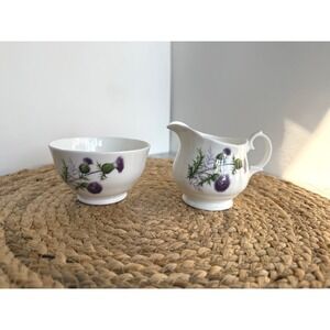 Luckenbooth Cream & Sugar Set White Scottish Thistle Bone China Vintage